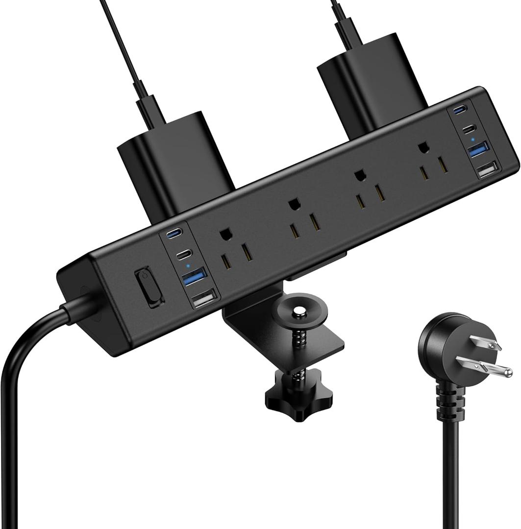 40W Fast Charging Station,Desk Clamp Power Strip 20W USB C,8 Outlets,8 USB Ports,4 USB C and 4 USB A, Office Furniture Nightstand Edge Mount Surge Protector, 14AWG Cord, Fits 1.9" Tabletop Edge (6FT Length)