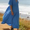 R.Vivimos Womens Summer Cotton Flowy Maxi Dress Short Sleeve V Neck Empire Waist Boho Tiered Ruffle Casual Loose Long Dresses (Blue, L)