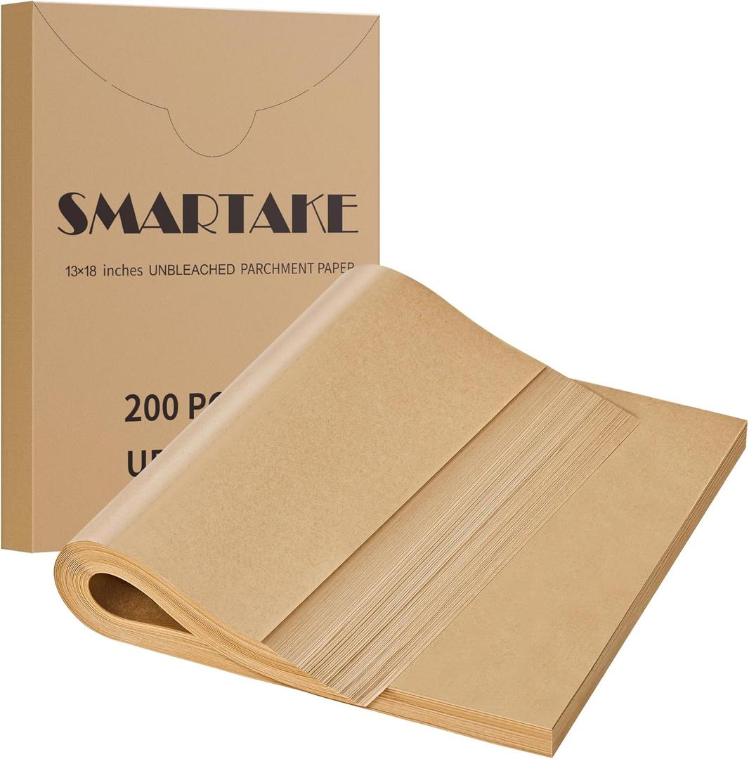 SMARTAKE 200 Pcs Parchment Paper Baking Sheets, 13x18 Inches Non-Stick Precut Baking Parchment, for Baking Grilling Steaming Bread Cup Cake Cookie and More (Unbleached)