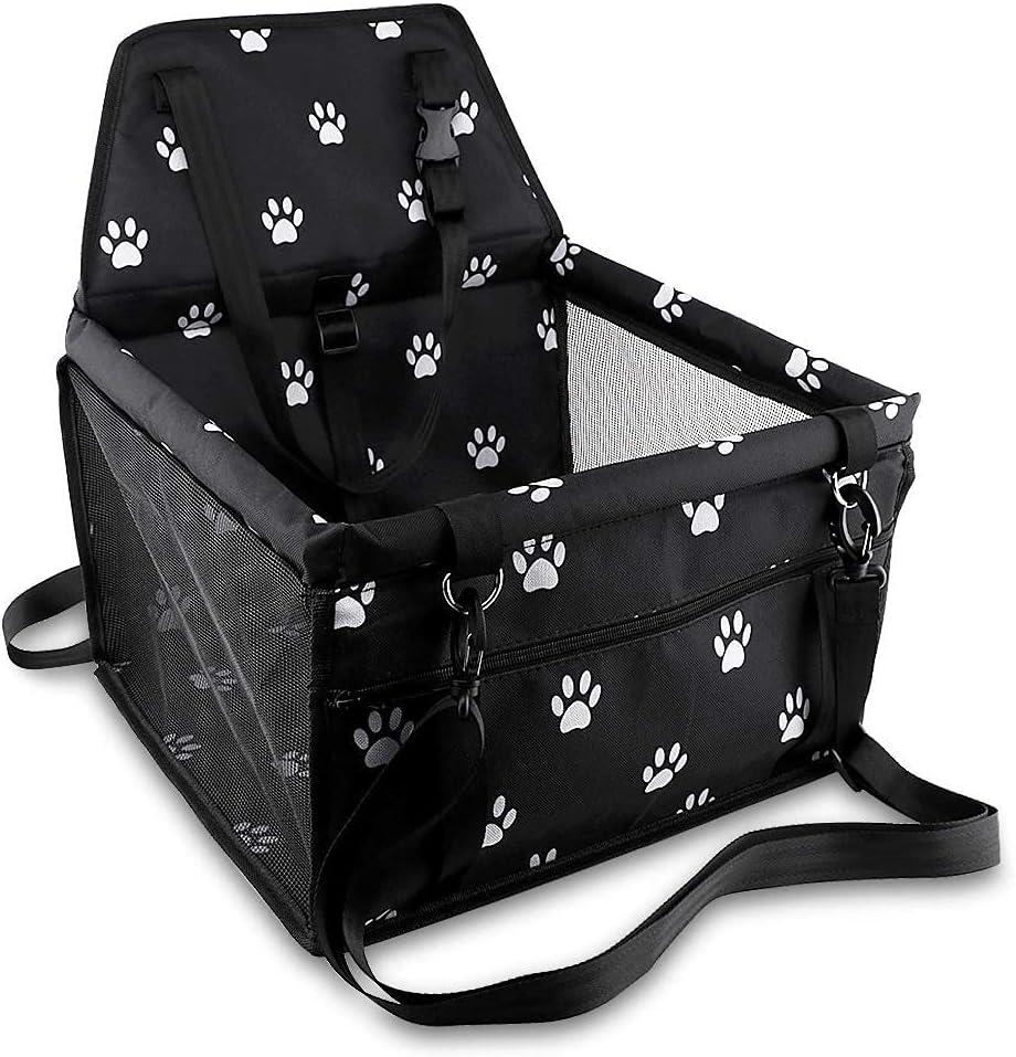 Petbobi Pet Reinforce Car Booster Seat for Dog Cat Portable and Breathable Bag with Seat Belt Dog Carrier Safety Stable for Travel Look Out,with Clip on Leash with PVC Tube, Black Paw Print