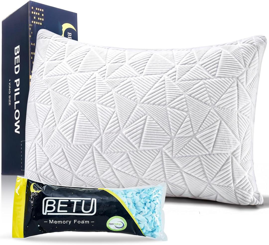 BETU Cooling Pillow Queen Size, Shredded Memory Foam Cool Pillow for Hot Sleepers, Adjustable Firm Soft Support Bed Pillows Perfect for Back Neck Pain and Side Sleeping with Pillow Case Cover, White
