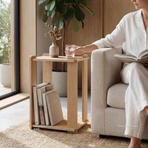 Wood Side Table, Tool-Free Mortise and Tenon Boho Japandi Night Stand, Light Wooden Natural Finish (Oak)