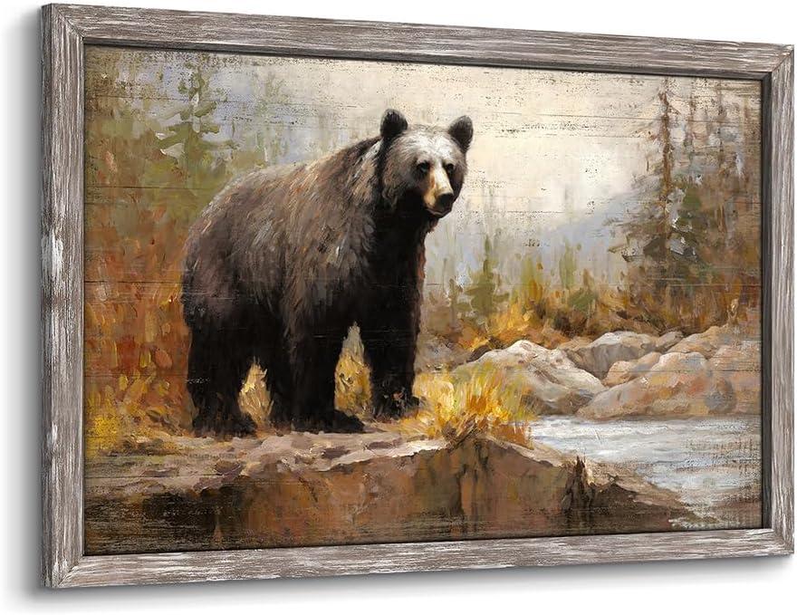 Bear Painting Framed Wall Art: Woodland Wildlife Picture Rustic Wild Animal Prints Farmhouse Wooden Artwork for Lodge Cabin Decor (16"L x 12"W)