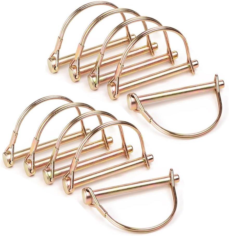 10 Pack 1/4x4 Inch Trailer Coupler Pin Set, Heavy Duty Locking Pin Secure Towing Pin Coupler Safety Pin Hitch Pin Wire Lock Pin for Trailers Lawn & Garden Equipment Farm Wagons (Gold)