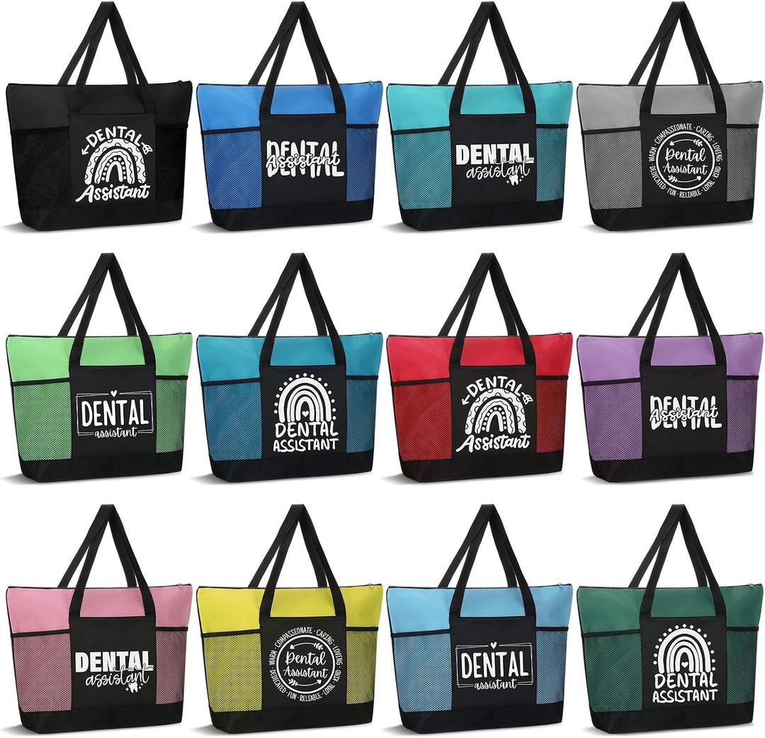 Gilprop 12 Pcs CNA Week Gift Dental Assistant Tote Bags Nursing Party Decorations Large Hygiene Bags with Pocket for Women Graduation Coworkers