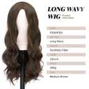 FESHFEN Long Medium Brown Wigs for Women, 24 inch Middle Parting Synthetic Wavy Wig for Daily Party