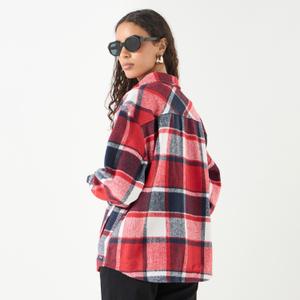  Womens Shacket Red White Plaid Buttons Collared Long Sleeve, size M