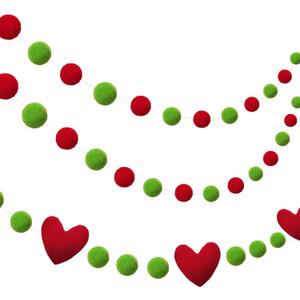 Tatuo 3 Pieces Christmas Wool Felt Ball Garland Colorful Pom Pom Garland 8.2 Feet Red and Green Felt Ball Heart Pompom Banner for Wall Home Office Christmas Tree Decorations
