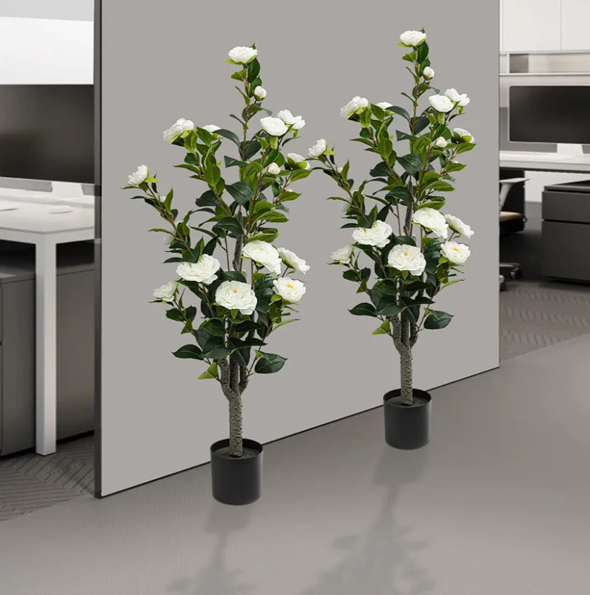 2-Pack 38-inch Artificial Tea Rose Tree, Faux Camellia Plant in Pot with 20 White Flowers, Realistic PE & Silk Cloth Indoor Outdoor Decor for Home Office Living Room (White)