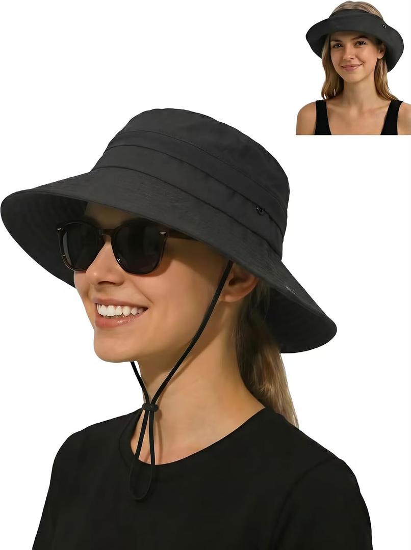 Sun Bucket Hats for Women UV Protection, Summer Beach Hat | Waterproof Quick Dry Rain Hat, Packable Sunhat, Ponytail Hole, Wide Brim, Adjustable, Chin Strap, Fishing, Hiking, Gardening (Black)