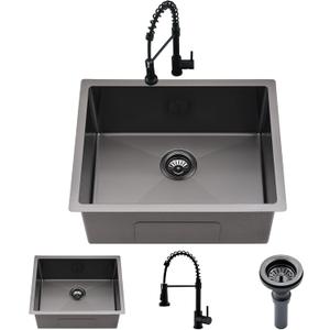 Undermount Laundry Utility Sink with Faucet, 23"x18"x12" Black Stainless Steel Laundry Sink Undermount Utility Sink Laundry Room Sink 16 Gauge Single Bowl Deep Laundry Sinks