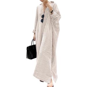 chouyatou Women's Casual Long Sleeve Button Down Loose Striped Cotton Maxi Shirt Dress (Medium, Khaki)