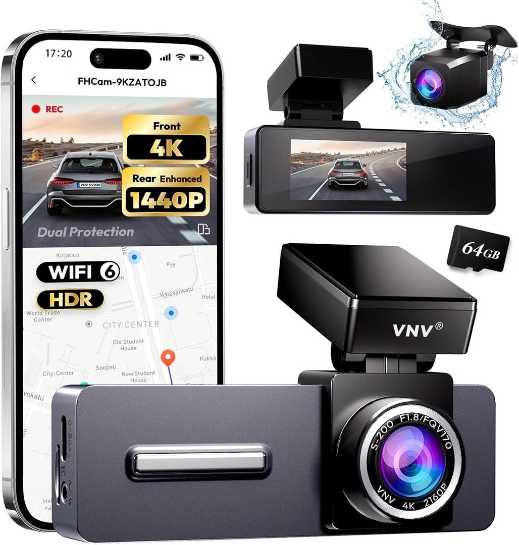 VNV 4K+2.5K Dash Cam Front and Rear, GalaxyCore Sensor, Free 64GB Card Included, Built-in WiFi App Control, Dash Camera for Cars with WDR Night Vision,170Wide Angle, 24H Parking Mode, 2" IPS, S-V200