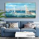 XLSJERST Blue Canvas Wall Art Seascape Painting - Landscape Picture Textured Navy Modern Sailboat Ocean Artwork Framed for Living Room Bedroom Bathroom Home Office Wall Decor Large Size 20"x40"