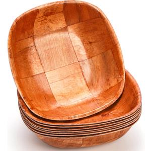 Elsjoy 8 Pack 8 Inch Wooden Woven Salad Bowl, Reusable Square Serving Bowl Woven Wood Mixing Bowl Set, Unbreakable Snack Bowls for Salad, Fruits, Snacks
