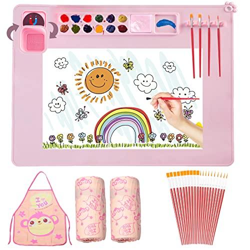 Lymoc Silicone Painting Mat,Painting Stations Kit [1x Apron,1 Pair Oversleeve,20 Pieces Brushes] Craft Silicone Mats 21"X17" with Detachable Cup for Kids Gift,Paint, Clay, DIY Projects