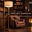 MOFFE 62.8" Solid Wood Floor Lamp, Tall Standing Floor Lamp with 2-Light Pull Chain, 17" Linen Drum Shade, Sculptural Wood Base & Stem, Transitional Floor Lamp for Living Room Bedroom, Includes 2 Bulbs