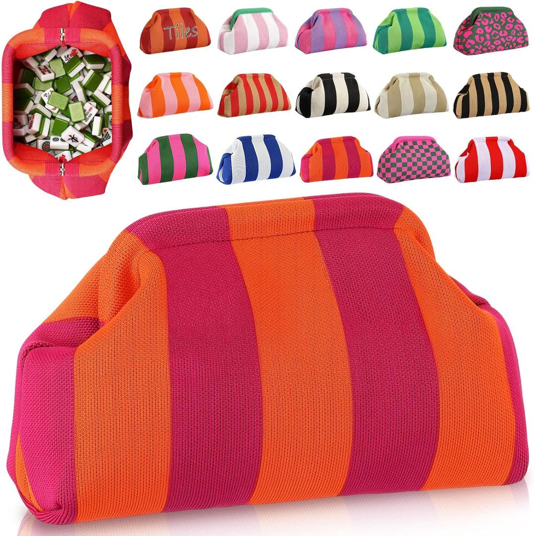 Mahjong Tile Bag Woven Clutch Purses for Women Woven Striped Dumpling Bag Summer Beach Evening Handbag for Mahjong Tile Vacation Supplies(Orange Purple,Thick Lines)