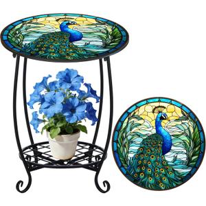 Cinnvoice Outdoor Side Table Round Small Mosaic Patio Accent Indoor End Plant Coffee Tea Table for Yard Patio Porch Garden Living Room, Bedroom(Peacock Style,18 Inch)