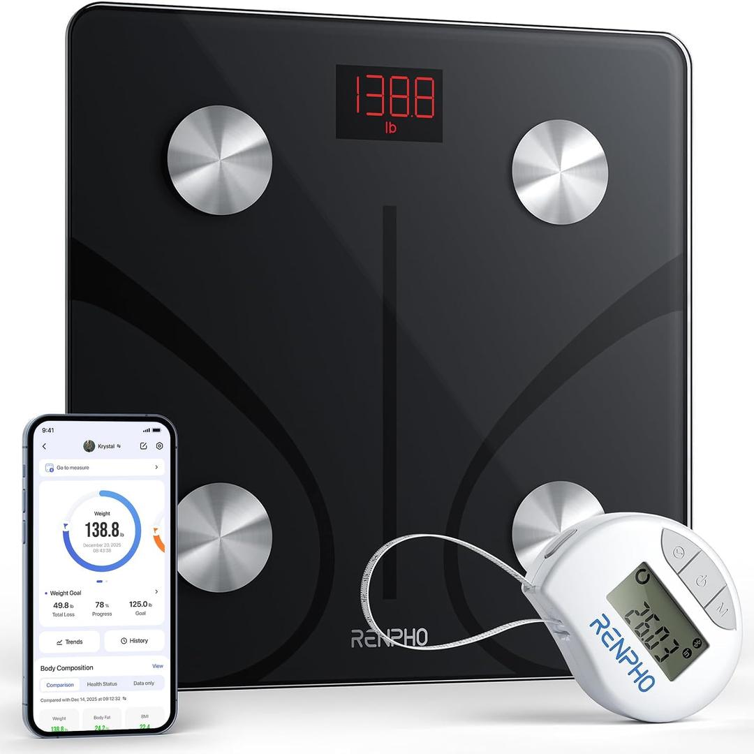 RENPHO Smart Scale and Tape Measure, Digital Bluetooth Scale with Tape Measure for Body Measuring, Weight Loss, Muscle Gain, Gift, 400lbs, Inches/cm (11"/280mm)
