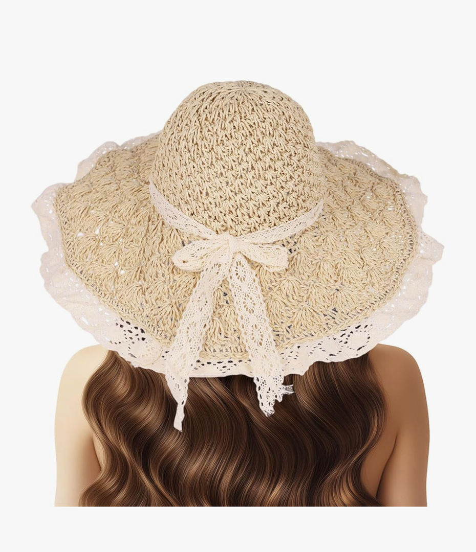 Women Straw Hat with Lace Girl Summer Wide Brim Sun Hat Foldable Beach Travel Roll Up Cap Elegant Crochet Straw Hat