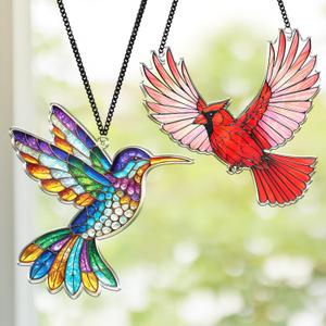 2 Cardinal Hummingbird Acrylic Suncatchers, 6" Bird Window Hanging Ornaments, Fall Decorations for Home Window Door, Birthday Christmas Bird Lover Gifts for Women, Friends, Memorial Keepsake SS351