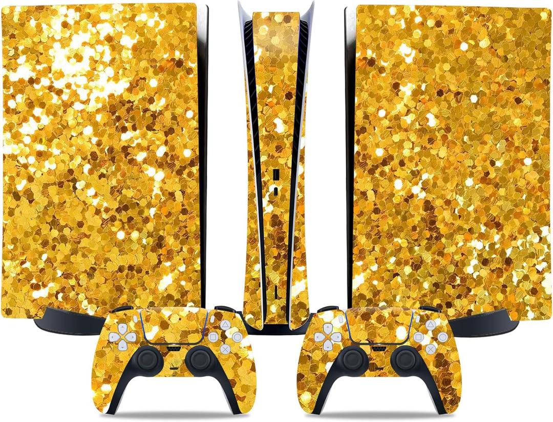 Decal Skin for Ps5 Digital, Whole Body Vinyl Sticker Cover for PlayStation 5 Digital Console and Controlle (Shiny Gold, PS5 Digital)