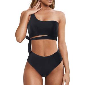 MOOSLOVER Women One Shoulder High Waisted Bikini Tie High Cut Two Piece Swimsuits(L, Black)