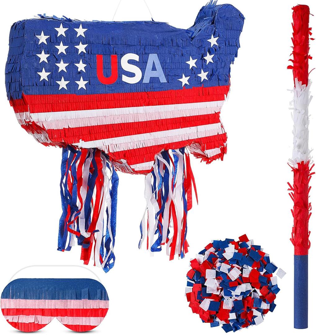 USA Map Piñata Set Red White Blue Birthday Party Supplies 22in Patriotic Shaped Piñata with Stick Blindfold Confetti for Summer Pool Backyard BBQ American Theme Outdoor Party Supplies