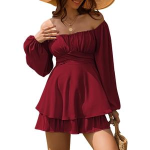 Linsery Womens Ruffle Long Sleeve Short Rompers Sexy Layered Tie Waist Chiffon One Piece Outfits Solid Jumpsuit (Medium, Z-ruby)