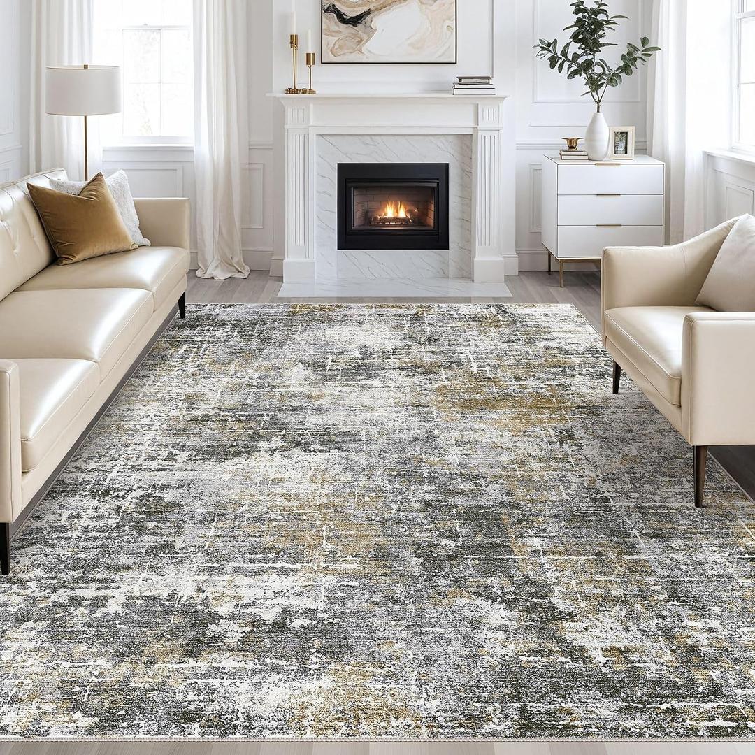 kakania 8x10 Washable Area Rug - Abstract Soft Non-Slip Modern Low-Pile Carpet for Living Room Bedroom Office Dorm, Kid Pet Safe Robot Vacuum Friendly - Black Glod