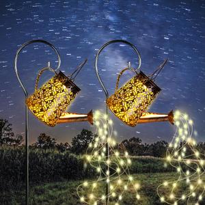 Solar Garden Watering Can Lights with Cascading Lights, 2 Pack Outdoor Hanging Lanterns for Garden Decor,Fairy Gardening Gifts for Mom Birthday, Perfect for Patio Yard Pathway (Warm White)