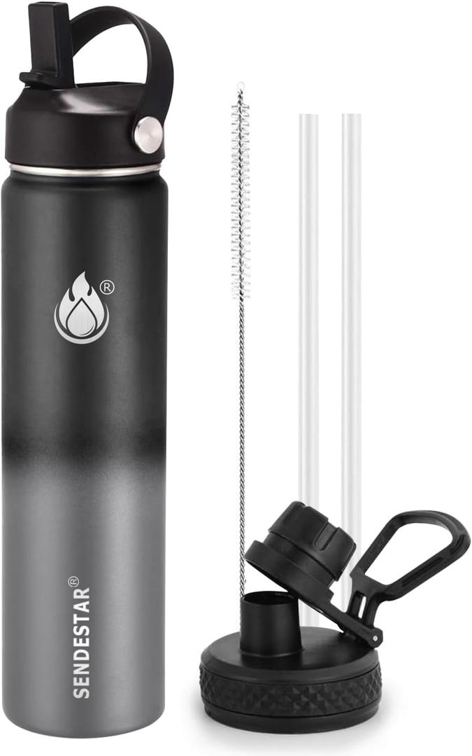 Insulated Water Bottle 24 oz with Straw, Stainless Steel Wide Mouth Water Bottle, Double Wall Vacuum Leak Proof with Straw Lid & Spout Lid for Sports or Office, Keep Cold or Hot Up to 24 Hrs