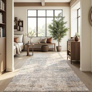 Area Rug 4x6 Washable Rug Grey and Beige for Living Room, Dining Room, Bedroom, Large Carpets, Non Slip & Non-Shedding Low Pile Vintage Print Rug for Home Office Decor