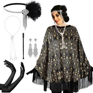 6 Pcs 1920s Flapper Costume Accessories Set for Women Fringed Poncho Flapper Shawl Outfits (Black)