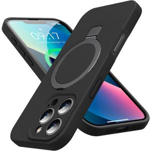 Mag-Ring Designed for iPhone 16 Pro Case, Liquid Silicone [Moisturizing Factor] Extreme Soft Slim Phone Case with Stand [Compatible with MagSafe] for 16 Pro 6.3 inch Men Women, Black