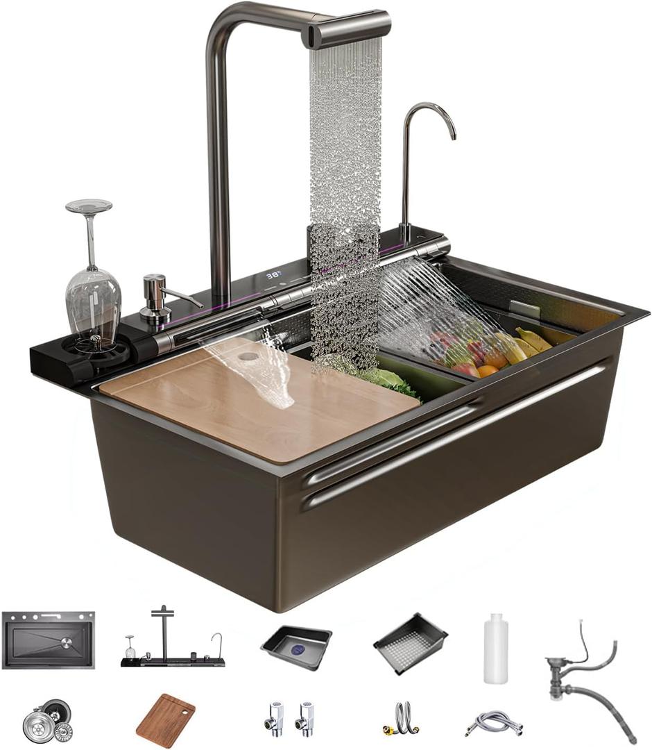Dual Waterfall Kitchen Sink Modern Kitchen Sink Single Bowl Digital Smart Sink with Soap Dispenser Stainless Steel Sink with Pull-Out Faucet Workstation Sink with Honeycomb (29.5x18.1in)