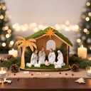 Pinkunn Christmas Wood Nativity Scene 14.6 * 11.8 * 6.7in Wooden Nativity Manger with Roof Star Simulation Grass, Stable Creche Xmas Indoor Home Desk Decor