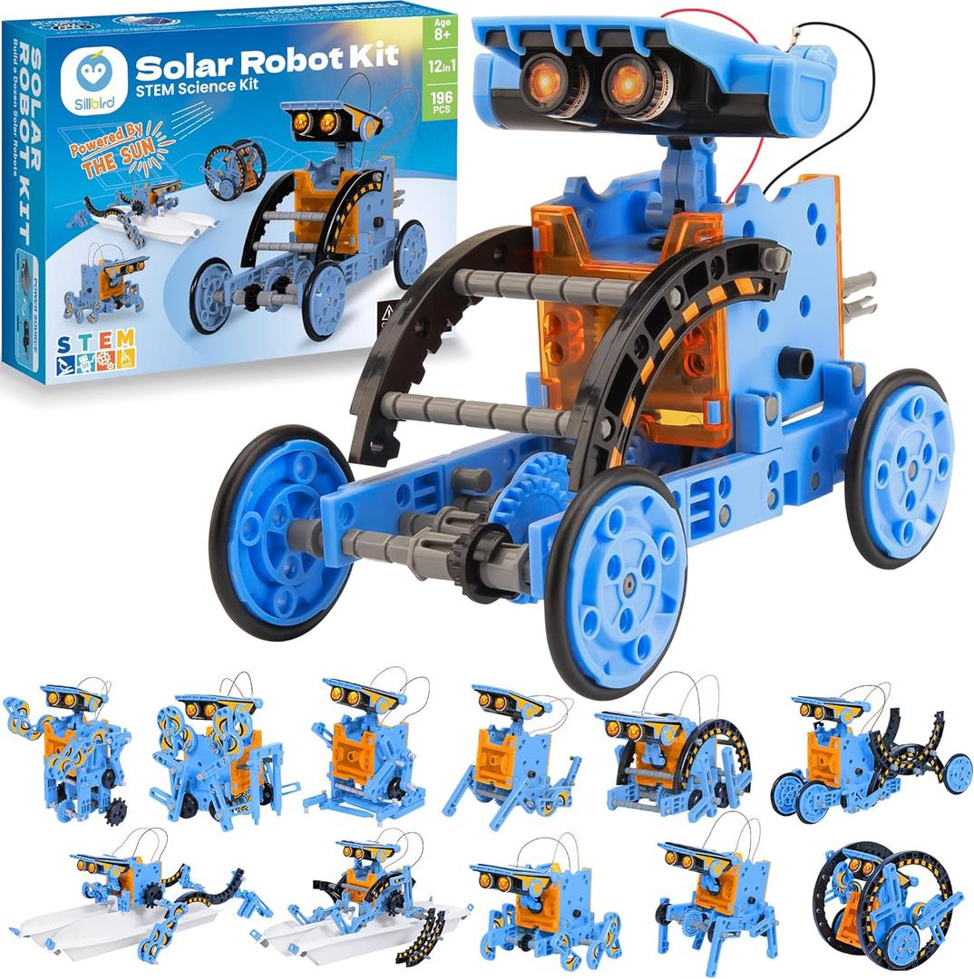 Sillbird Solar Building Robot Kit STEM Gift for Boys Aged 8-13, DIY Science Educational Toys for Kids Teens Birthday, 12-in-1 Solar or Battery Powered Robotic Set with 197 Pieces (Blue)