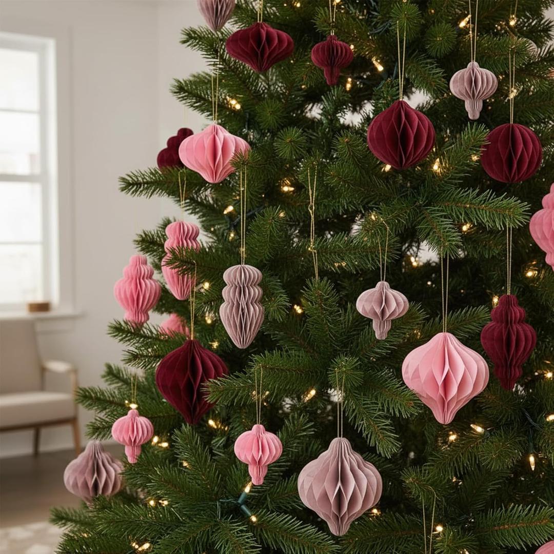 24 Pcs Christmas Mini Paper Honeycomb Ornaments with DIY Garland String 3D Honeycomb Hanging Christmas Decorations Neutral Ornaments for Xmas Tree Home Decor Farmhouse Party Birthday Holiday