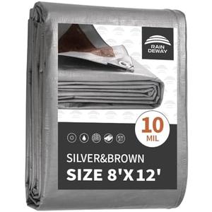 RAINDEWAY Tarps Heavy Duty Waterproof 8x12 Feet, 10Mil Multipurpose Poly Tarp Cover with Metal Grommets Camping Tarpaulin, Silver/Brown Tarp Finished Size