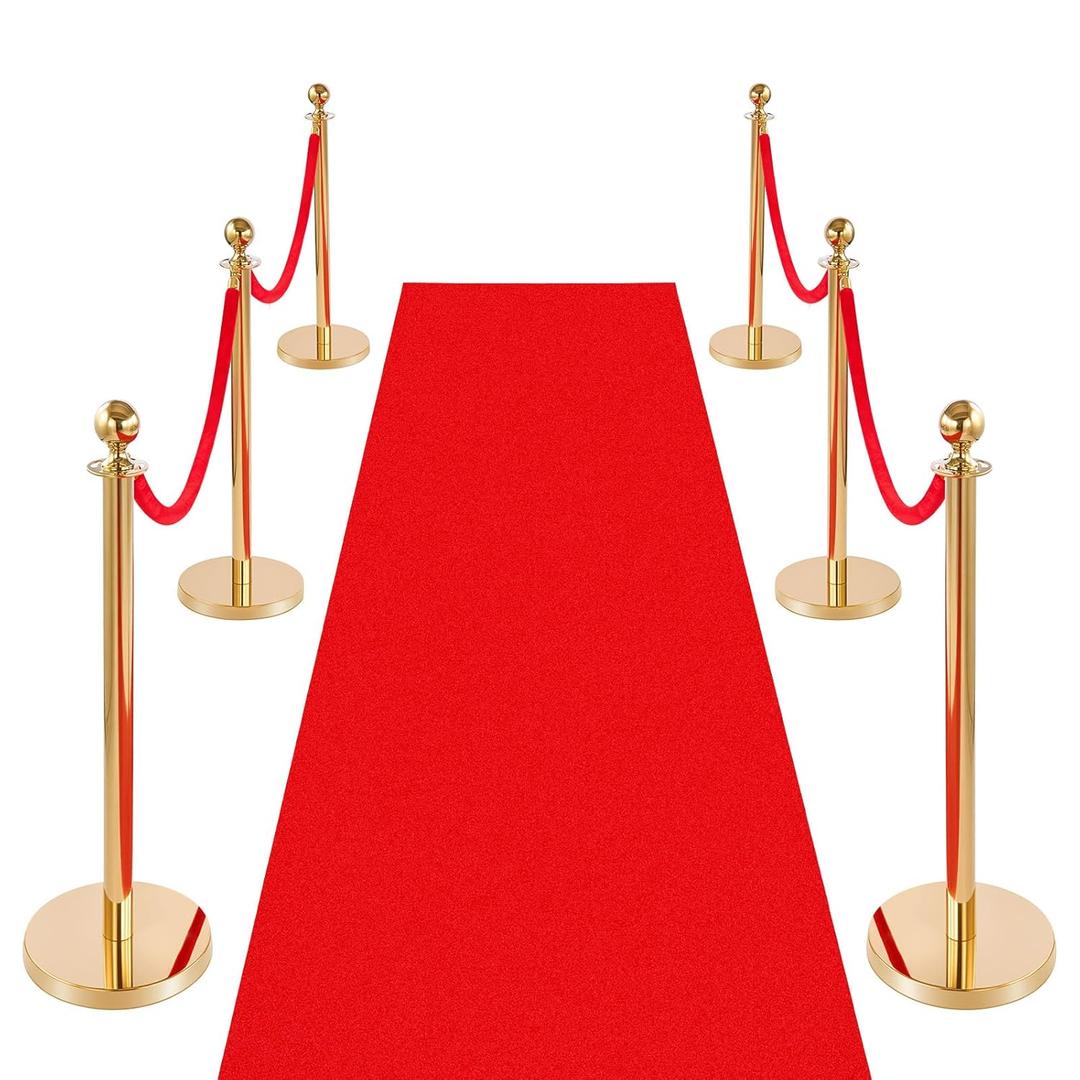 VEVOR Stanchions and Velvet Ropes 6Pcs, Hollow Base with Stainless Steel Post & 26.25ft Carpet, 4 Red Velvet Ropes, Crowd Control Barriers Gold Stanchions, Red Carpet Runner Poles for Party Supplies