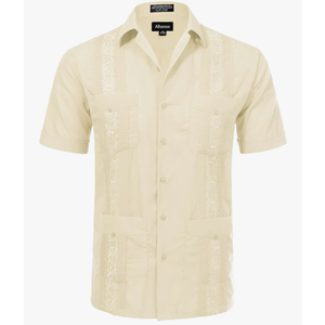 Allsense Men's Short-Sleeve Button-Down Cuban Guayabera Shirt 4XL IVORY