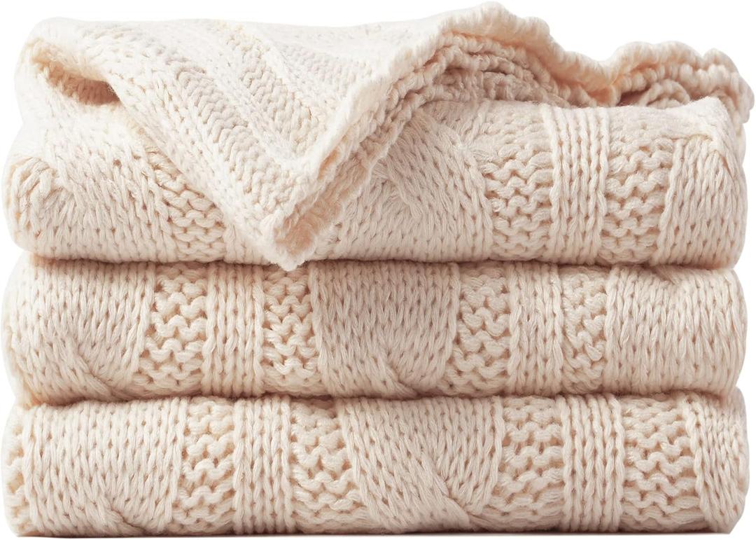 Battilo Cream Ivory Cable Knit Throw Blankets for Couch, Super Soft Warm Cozy Decorative Knitted Throw Blanket for Bed, Sofa, Chair 50"x60"