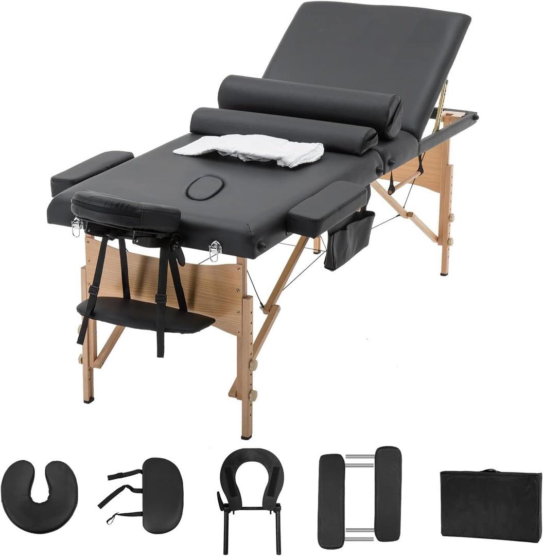 FDW Massage Bed Portable Massage Table 28 inch Wide Lash Bed 3 Folding Height Adjustable Spa Tables Foldable with Towel Hanger Oil Pouch Half Bolster Round Bolster Non-Woven Backpack (Black)