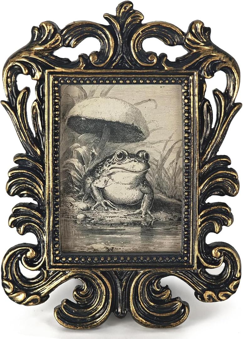 Vintage Frog Small Picture Frame, Funny Mini Ornate Photo Frame for TableTop Desk Display Decor, Rustic Retro Mushroom Baroque Art Prints Decorations Gifts for Bedroom Office 1.7x2.5in Photo