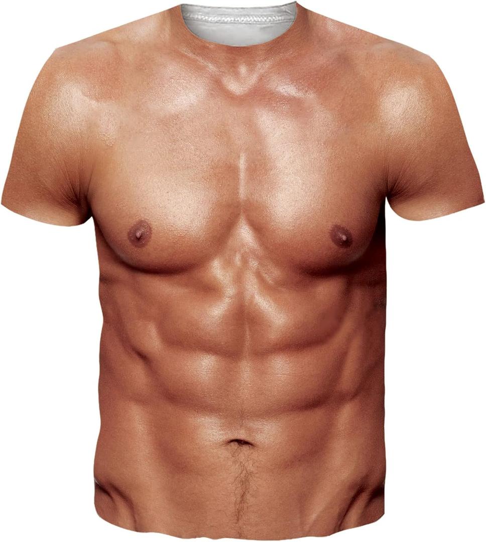 Goodstoworld Unisex 3D Fake Abs T Shirts Shredded Chest Printed Short Sleeve Costume Novelty Tees Shirt (XL)