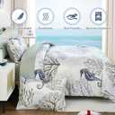 WONGS BEDDING Comforter Set King Size,Coastal Beach Theme Bedding Set, 7 Pieces Ocean Nautical Seaweed & Starfish Summer Bed in a Bag Holiday Sea House Comfoters with Sheets(104"90")