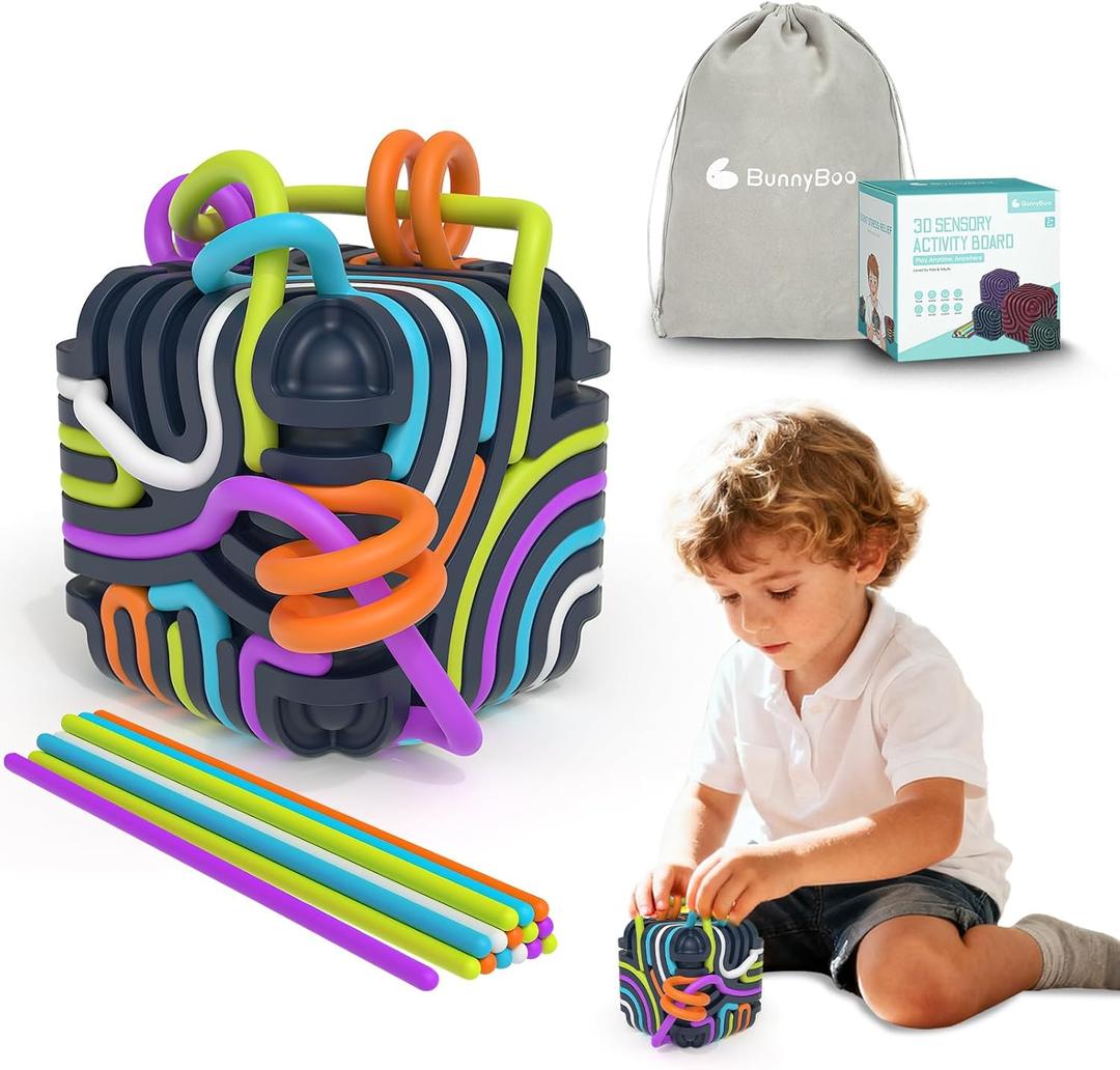 BunnyBoo Sensory Activity Board, 3D Silicone Toys for Kids with Autism & ADHD,Sensory Fidget Toys for Anxiety Relief, Calming & Focusing, BPA-Free, 15 Colorful Strings, Storage Bag(Black)