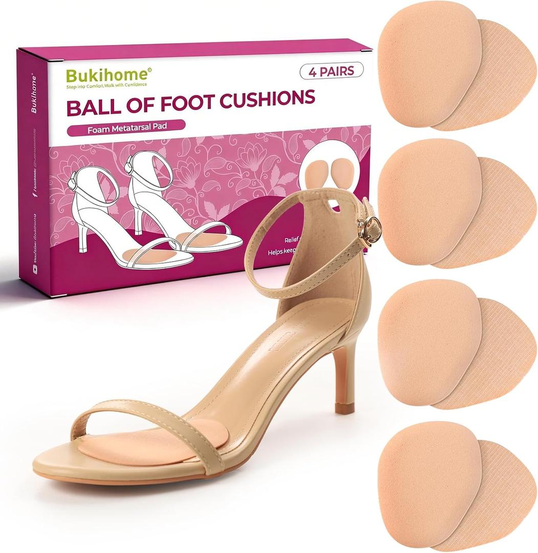 Ball of Foot Cushion Pads for Women - Bukihome 4-Pair Metatarsal Pads Prevent and Alleviate Ball-of-Foot Pain, Non-Slip Prevent Sliding Forward Forefoot Cushions for High Heels, Sandals (Khaki)